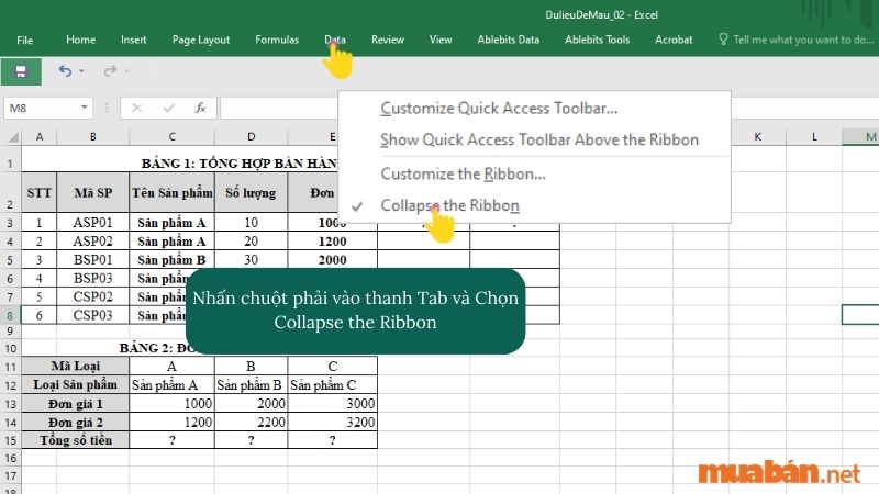 Nhấn chuột phải vào thanh Tab sau đó Chọn Minimize the Ribbon.