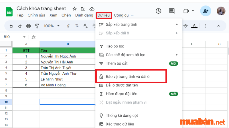 Cách khóa sheet trong google trang tính 