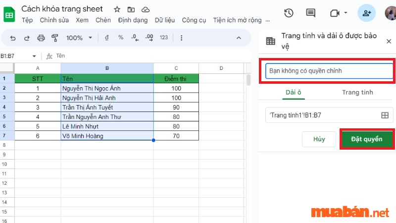 Cách khóa sheet trong google trang tính