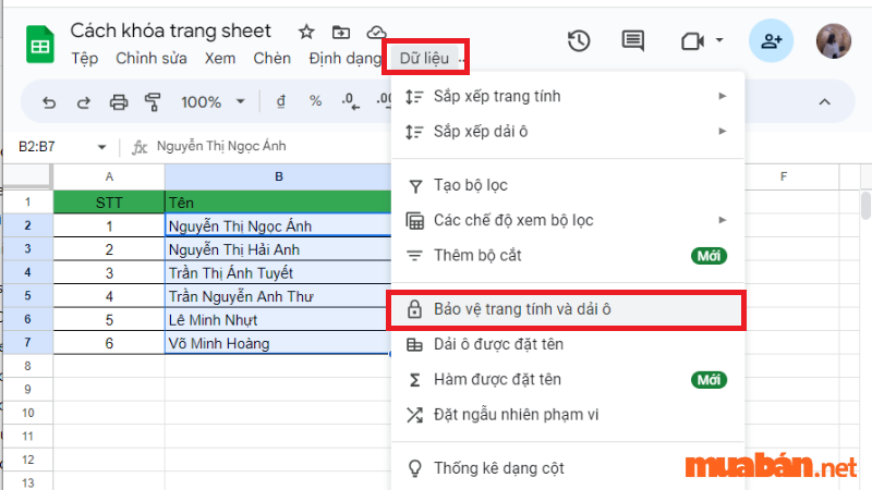 Cách khóa sheet trong google trang tính