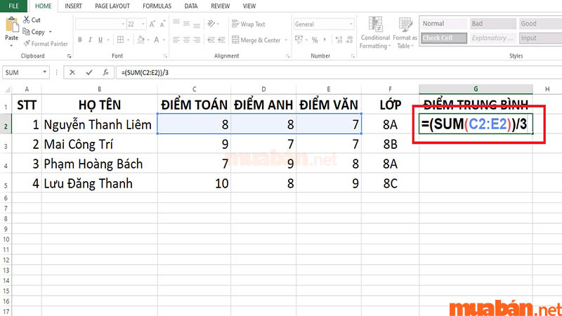 tính trung bình trong Excel bằng hàm SUM