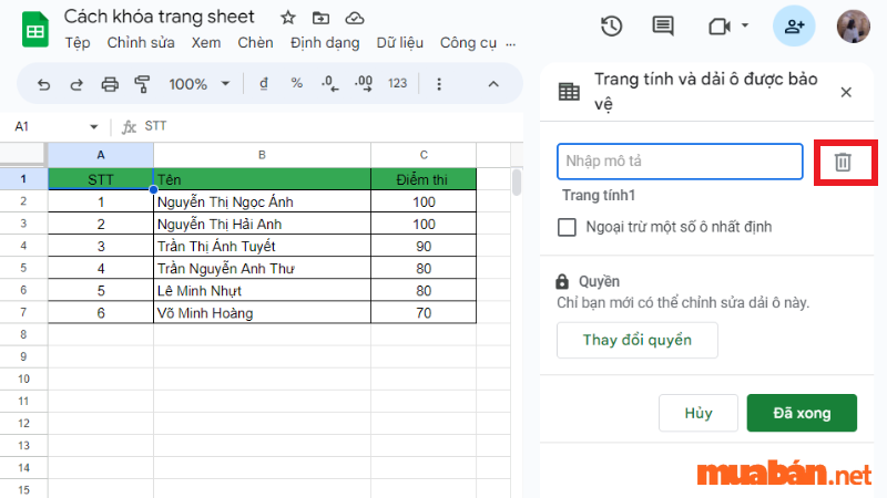 Cách khóa sheet trong google trang tính