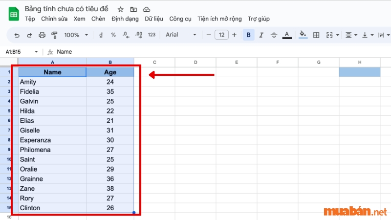 Cách sắp xếp tên theo ABC trong Google Sheet bằng cách sử dụng các tuỳ chọn có sẵn - Bước 1