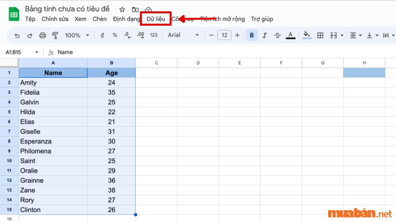 Cách sắp xếp tên theo ABC trong Google Sheet bằng cách sử dụng các tuỳ chọn có sẵn - Bước 2