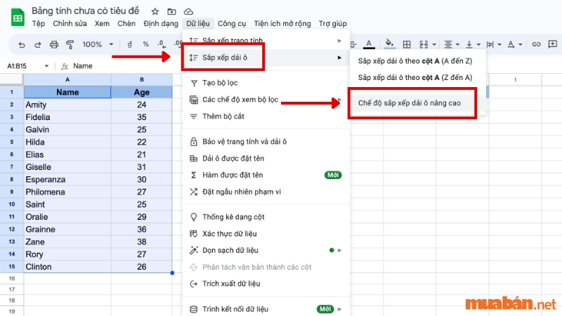 Cách sắp xếp tên theo ABC trong Google Sheet bằng cách sử dụng các tuỳ chọn có sẵn - Bước 3