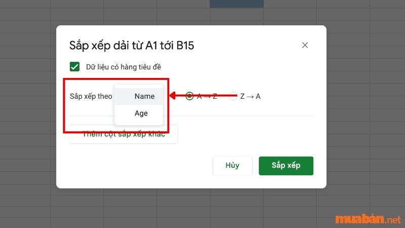 Cách sắp xếp tên theo ABC trong Google Sheet bằng cách sử dụng các tuỳ chọn có sẵn - Bước 5