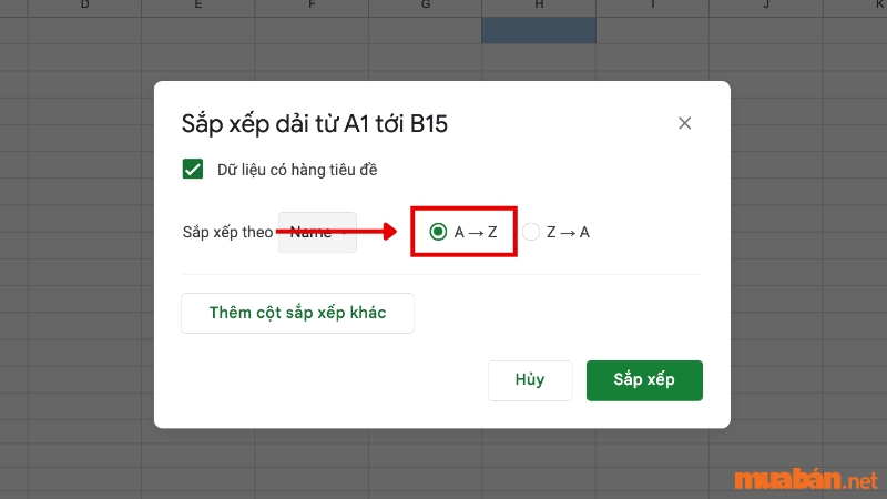 Cách sắp xếp tên theo ABC trong Google Sheet bằng cách sử dụng các tuỳ chọn có sẵn - Bước 6