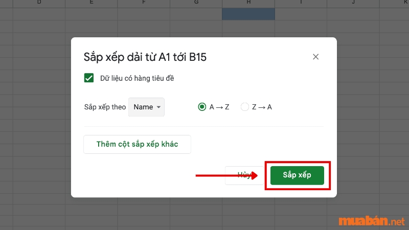 Cách sắp xếp tên theo ABC trong Google Sheet bằng cách sử dụng các tuỳ chọn có sẵn - Bước 7