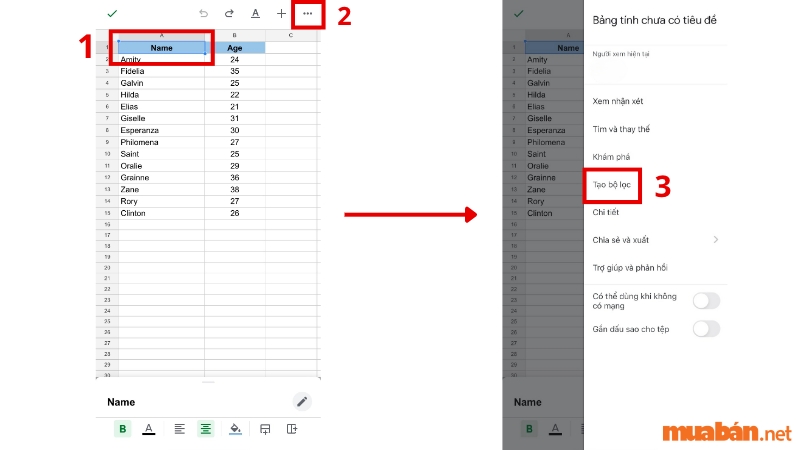 Cách sắp xếp tên theo ABC trong Google Sheet trên điện thoại - Bước 3,4