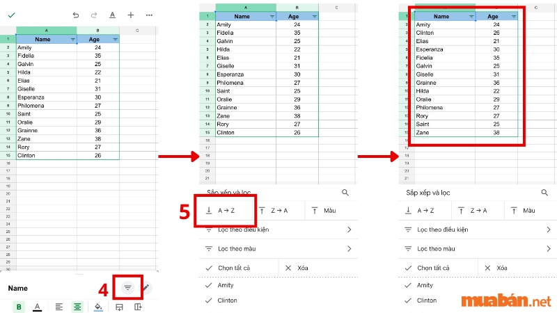 Cách sắp xếp tên theo ABC trong Google Sheet trên điện thoại - Bước 5, bước 6