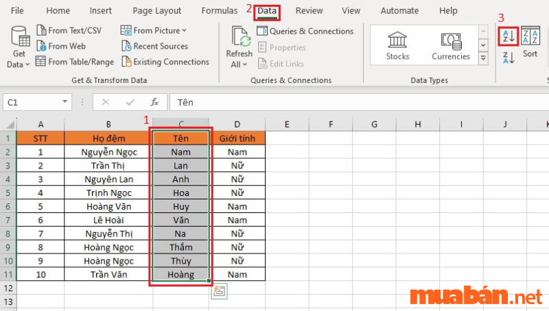 Hướng dẫn cách sắp xếp tên theo abc trong excel khi Họ và tên ở 2 cột riêng biệt