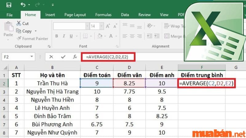 Cách tính điểm trung bình trong excel