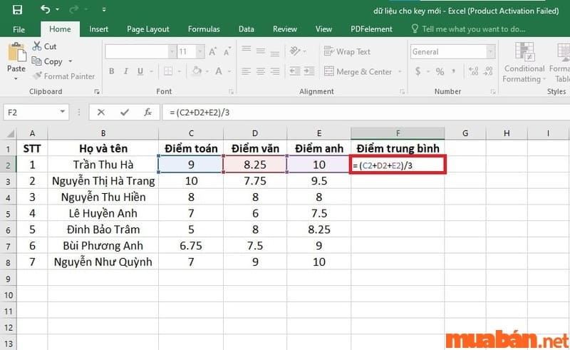 Cách tính điểm trung bình trong excel: Nhập công thức tính