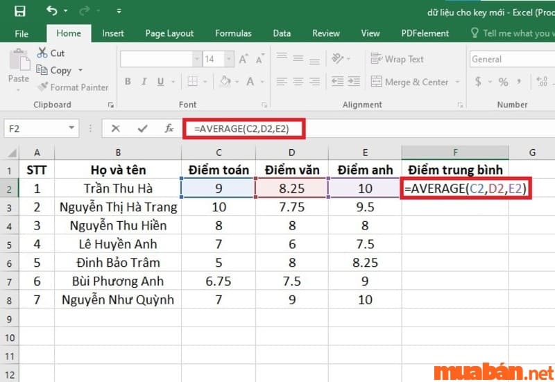 Cách tính điểm trung bình trong excel: Nhập công thức