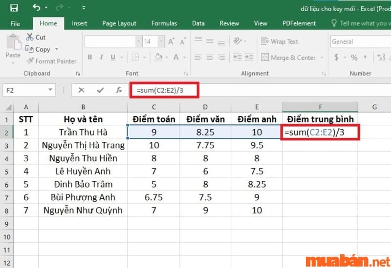 Cách tính điểm trung bình trong excel: Nhập công thức