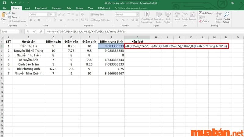 Cách tính điểm trung bình trong excel: Nhập công thức