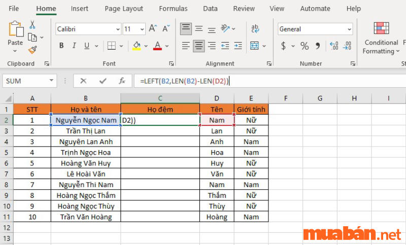 Nhập công thức: =LEFT(B2,LEN(B2)-LEN(D2))