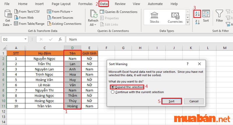 Bôi đen cột tên ⇒ Chọn Data ⇒ Chọn Sort A to Z