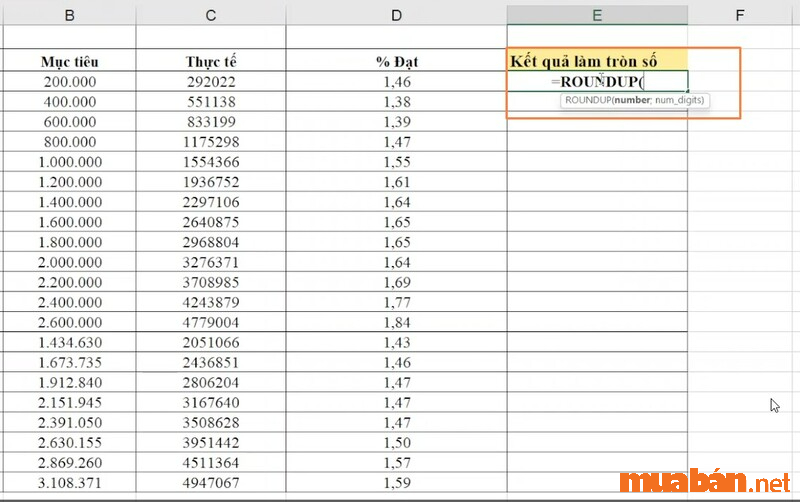 Cách làm tròn số trong Excel bằng hàm ROUNDUP