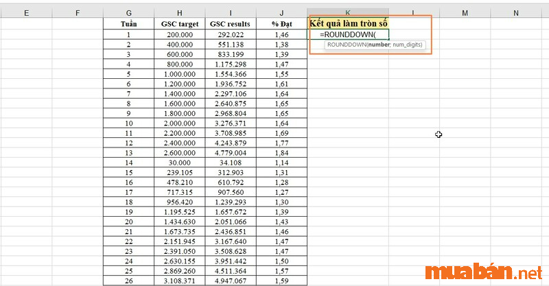 Cách làm tròn số trong Excel bằng hàm ROUNDOWN