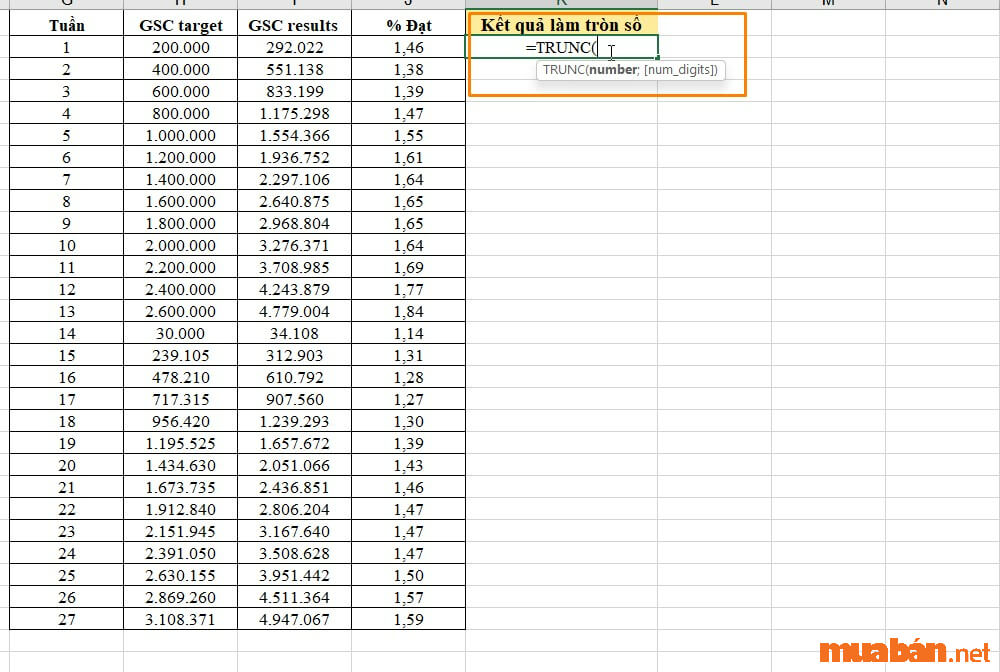 Cách làm tròn số trong Excel bằng hàm TRUNC