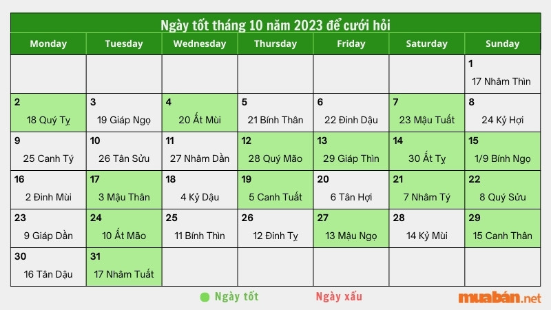 Ngày tốt tháng 10 năm 2023 để cưới hỏi