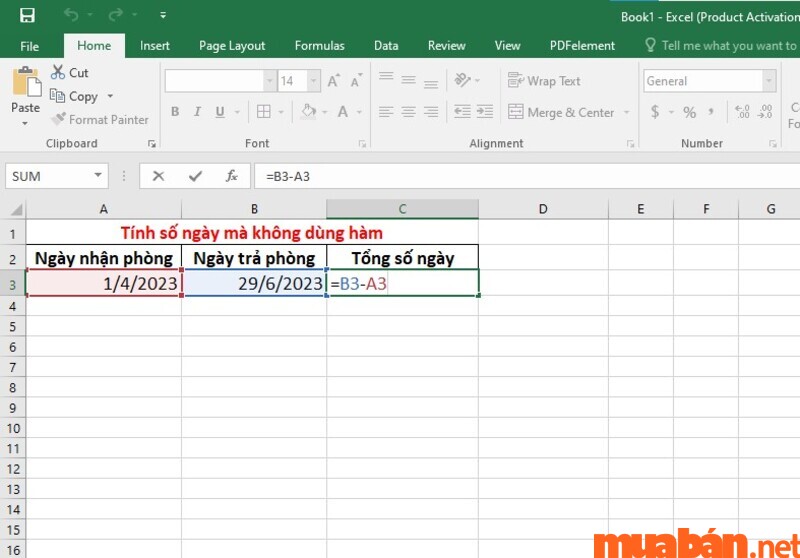 cách tính số ngày trong excel mà không dùng hàm: Lấy ngày kết thúc trừ ngày bắt đầu