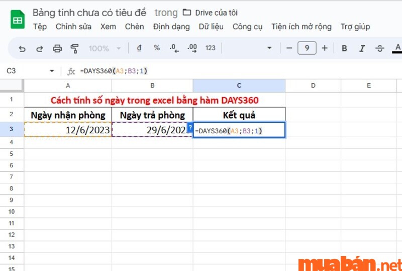 cách tính số ngày trong excel bằng hàm DAYS360