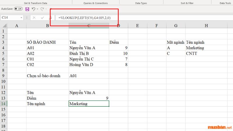 Tìm mã ngành học sử dụng hàm VLOOKUP