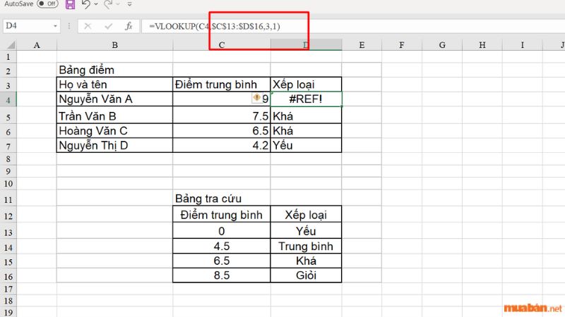 Lỗi REF khi sử dụng hàm VLOOKUP