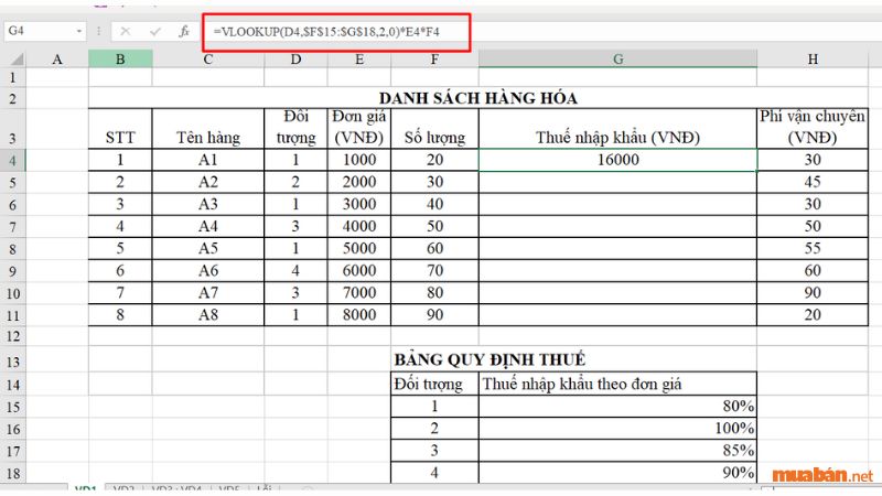 Cách dùng hàm VLOOKUP để tính thuế nhập khẩu theo đối tượng