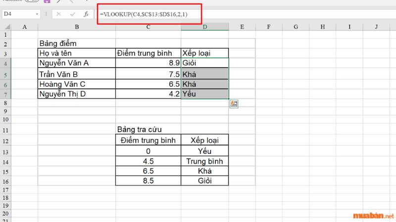 Ví dụ sử dụng hàm VLOOKUP tra cứu gần đúng