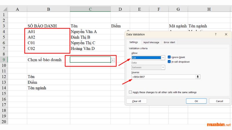 Thiết lập vùng dữ liệu cho Data Validation