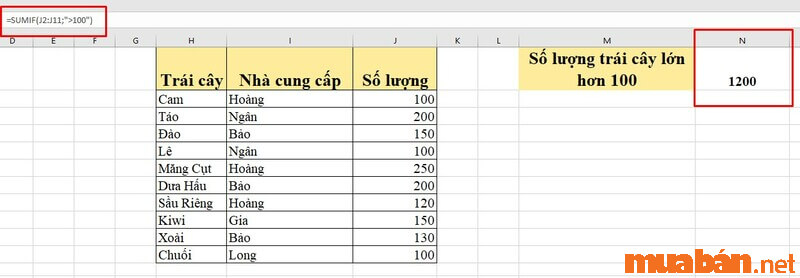 ví dụ cách sử dụng hàm SUMIF trong Excel