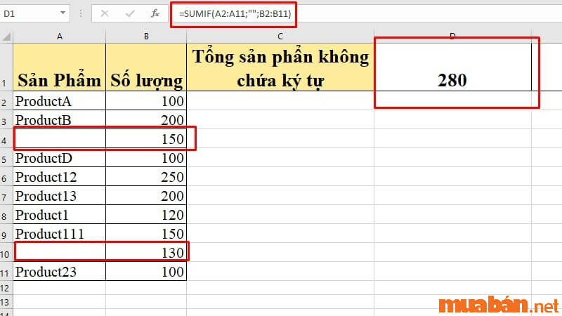 Làm thế nào để tính tổng các ô tương ứng với các ô trống