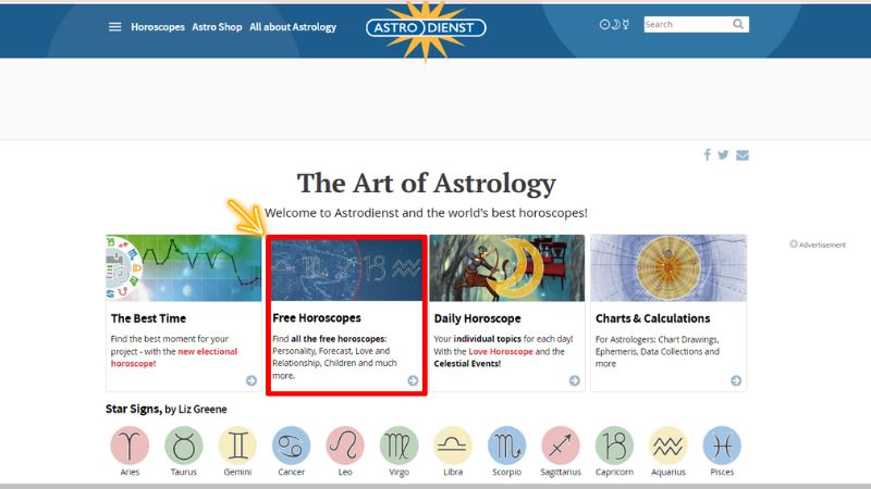 Chọn mục Free Horoscopes để tra cứu cung mọc