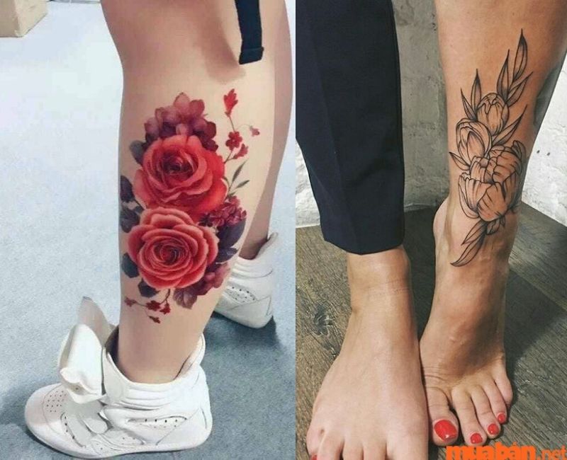 Hình xăm chân cho nữ hoa hồng và hoa sen