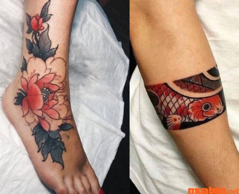 Hình xăm cổ chân Nhật cổ cho nam nữ hinh cá Koi và hoa