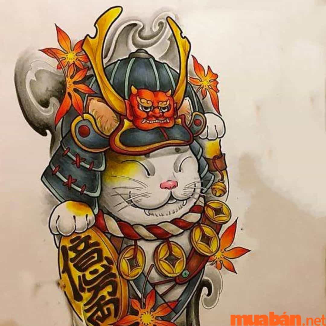 Hình xăm mèo thần tài Samurai