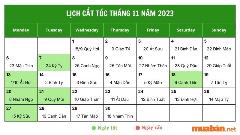 Lịch cắt tóc tháng 11 2023