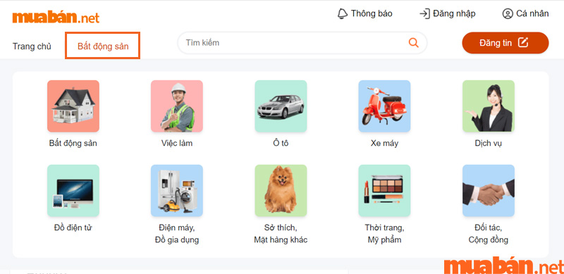 Bấm vào mục Bất động sản để tìm kiếm các dịch vụ liên quan đến nhà đất