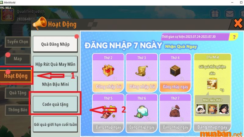 Tiếp tục chọn mã code quà tặng