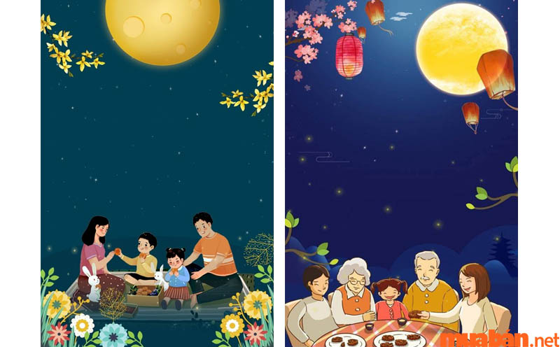Hình ảnh gia đình cùng nhau phá cỗ dưới ánh trăng