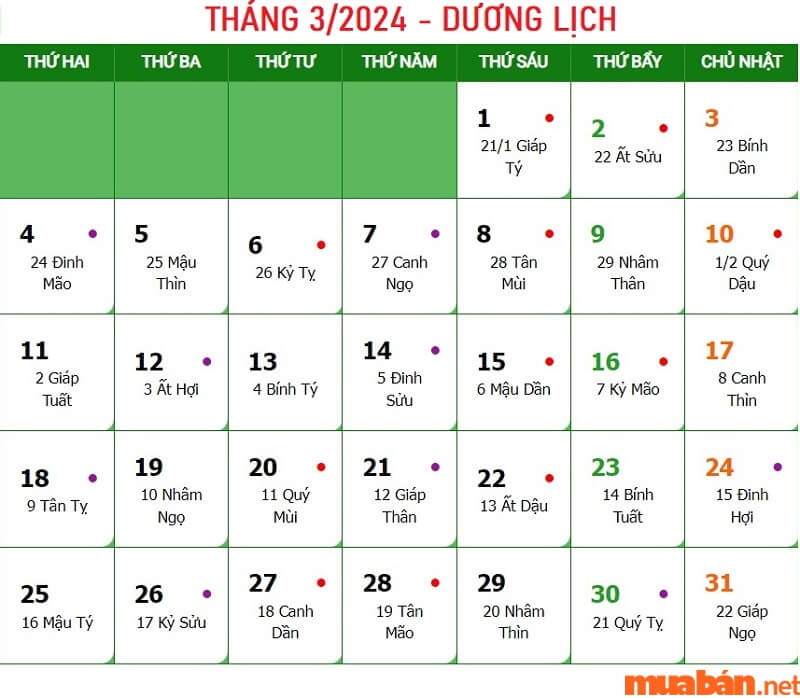 Tính theo Dương lịch tháng 3 có bao nhiêu ngày? Theo Dương lịch thì tháng 3/2024 có 31 ngày.