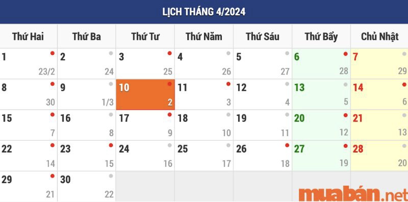 Tháng 4 năm 2024 có 30 ngày theo lịch Dương
