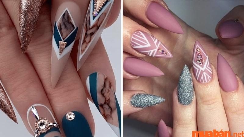 Mẫu nail đính đá với họa tiết lạ mắt