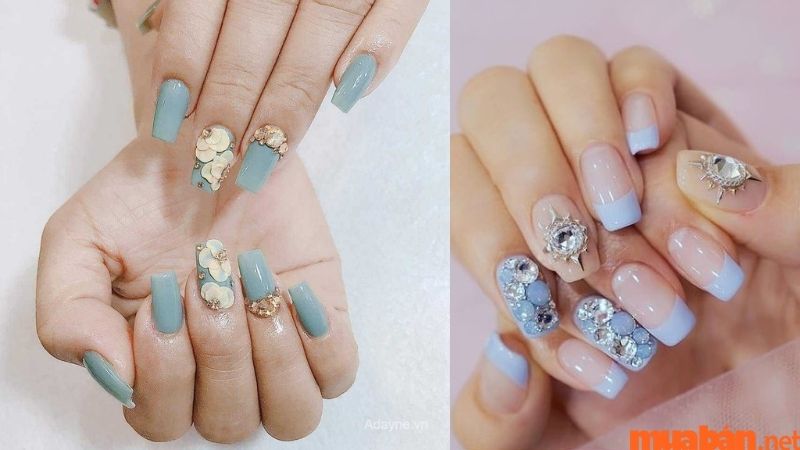 Mẫu nail đính đá với màu xanh mát