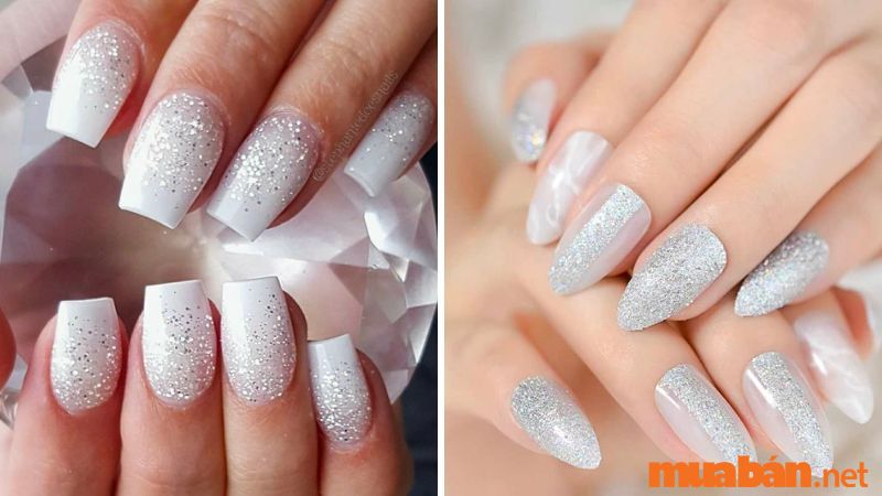 Mẫu nail trắng kim tuyến lấp lánh