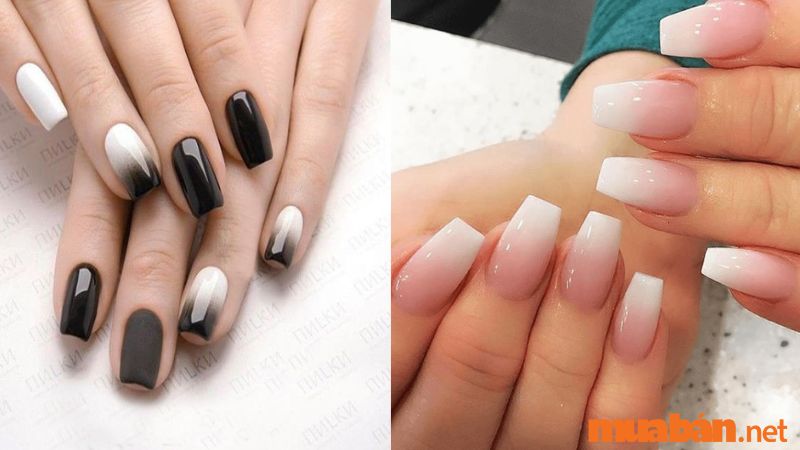 Nail ombre kết hợp trắng đen, trắng hồng