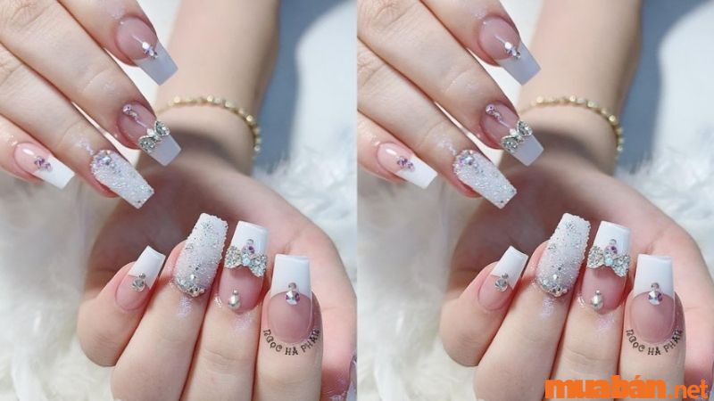 Mẫu nail trơn đính đá full ngón phù hợp với các cô dâu